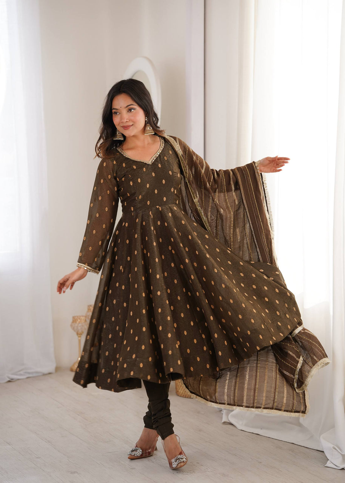 Brown Crunchy Silk Anarkali Suit Set with Jacquard Dupatta | Festive Wear