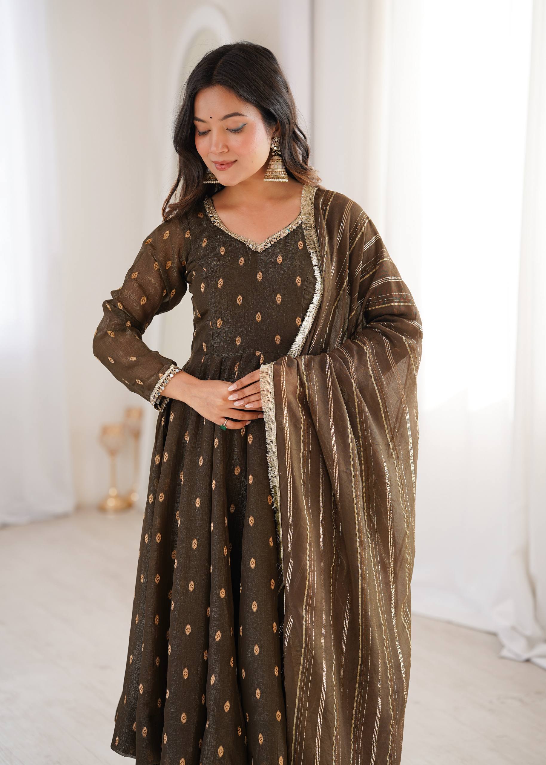 Brown Crunchy Silk Anarkali Suit Set with Jacquard Dupatta | Festive Wear