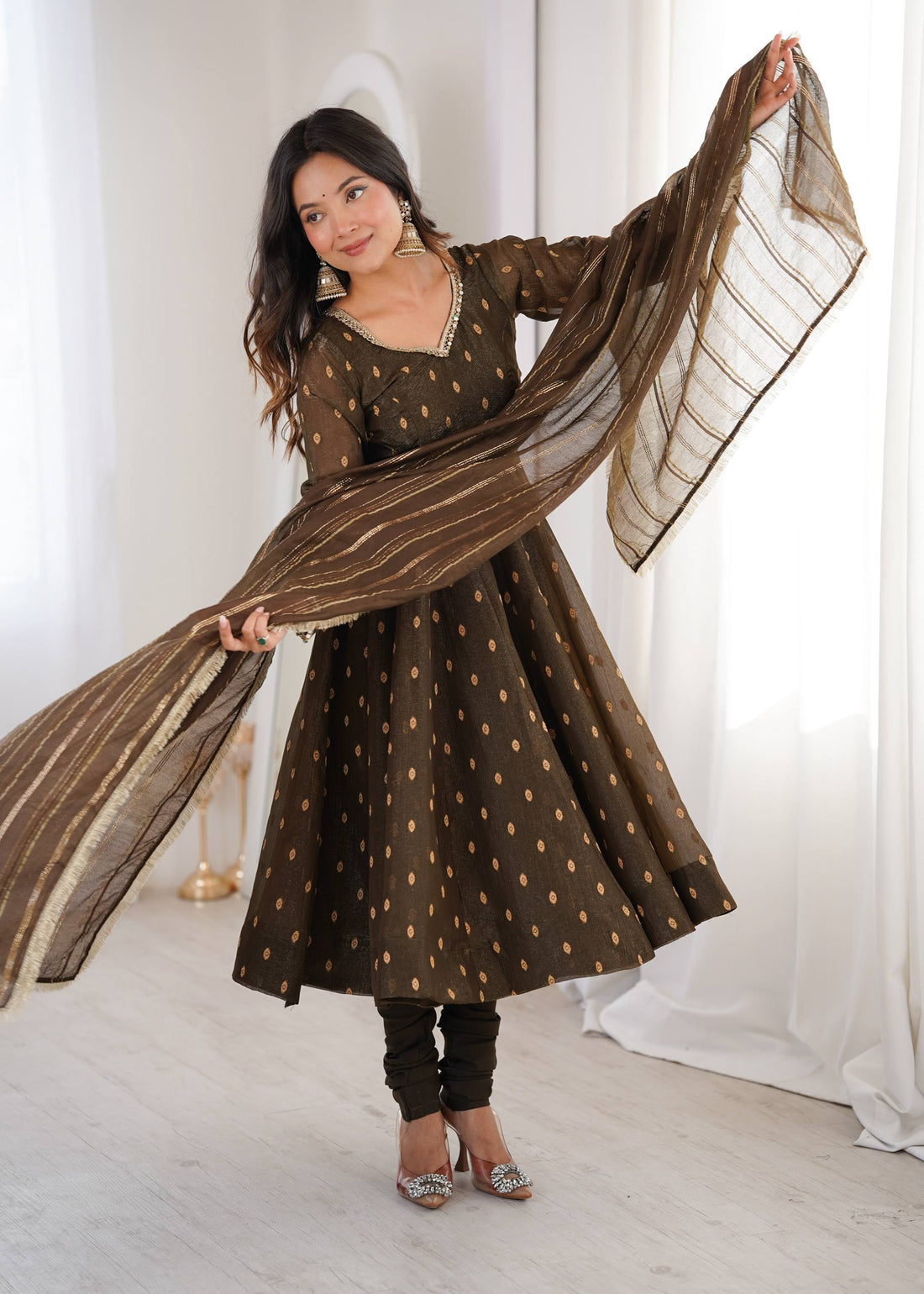 Brown Crunchy Silk Anarkali Suit Set with Jacquard Dupatta | Festive Wear