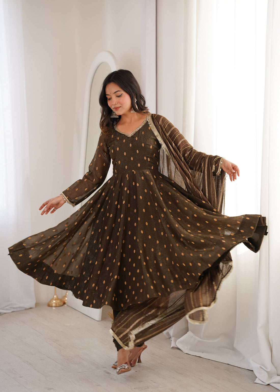 Brown Crunchy Silk Anarkali Suit Set with Jacquard Dupatta | Festive Wear