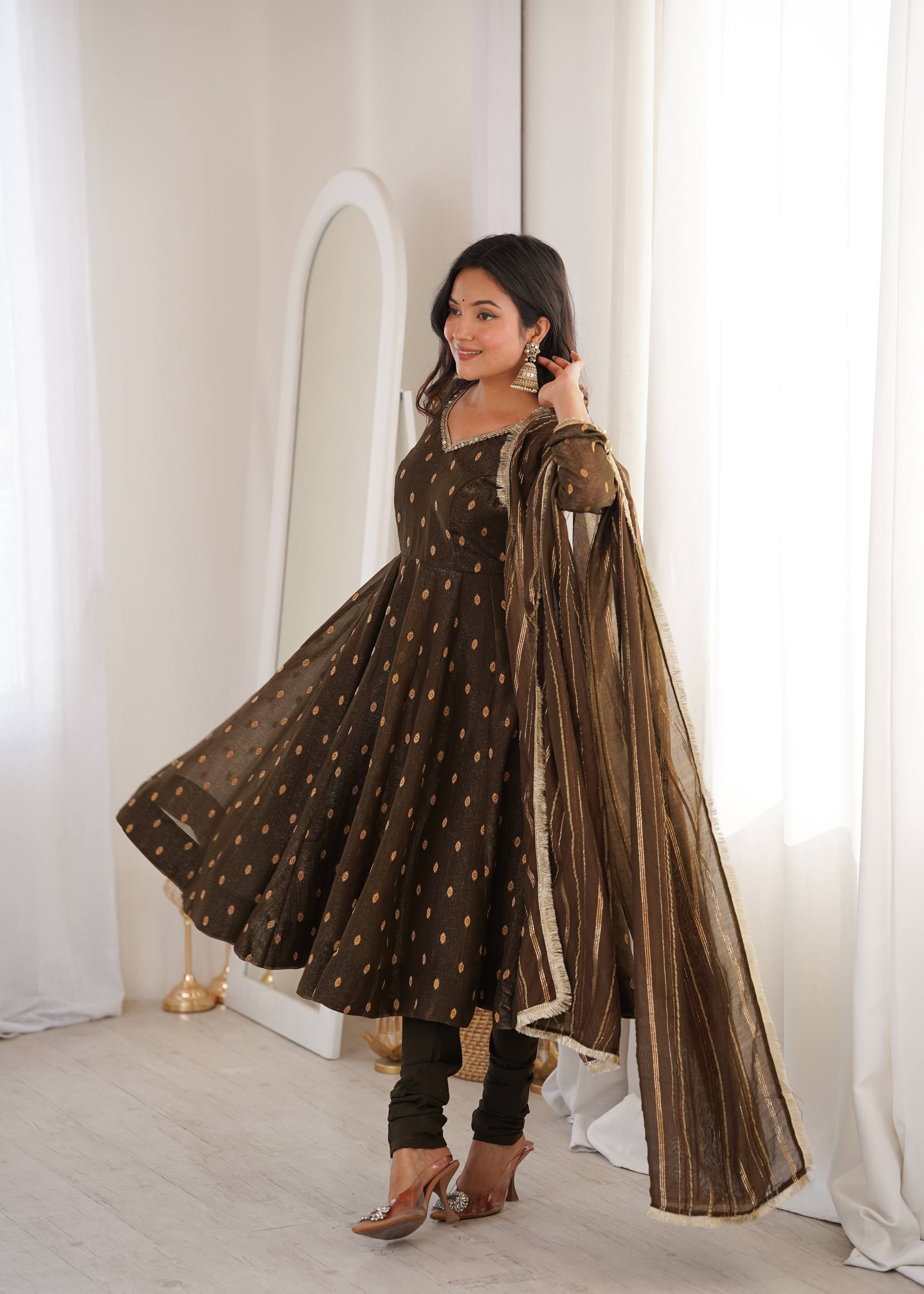 Brown Crunchy Silk Anarkali Suit Set with Jacquard Dupatta | Festive Wear
