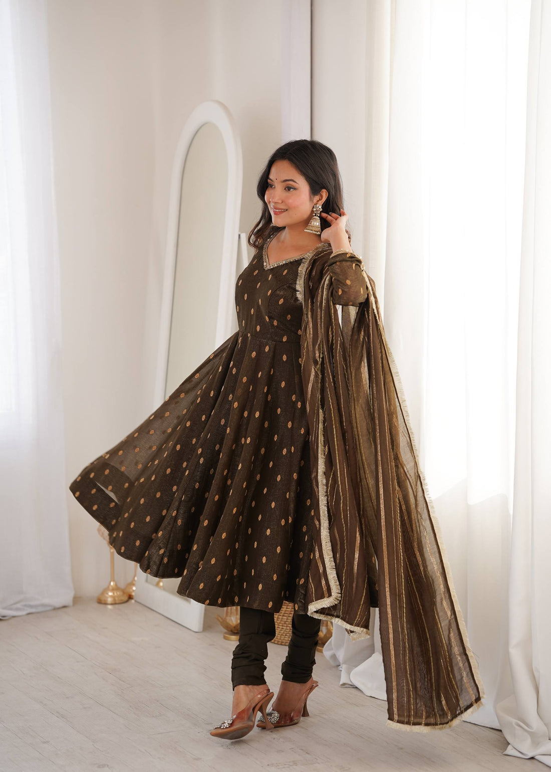 Brown Crunchy Silk Anarkali Suit Set with Jacquard Dupatta | Festive Wear