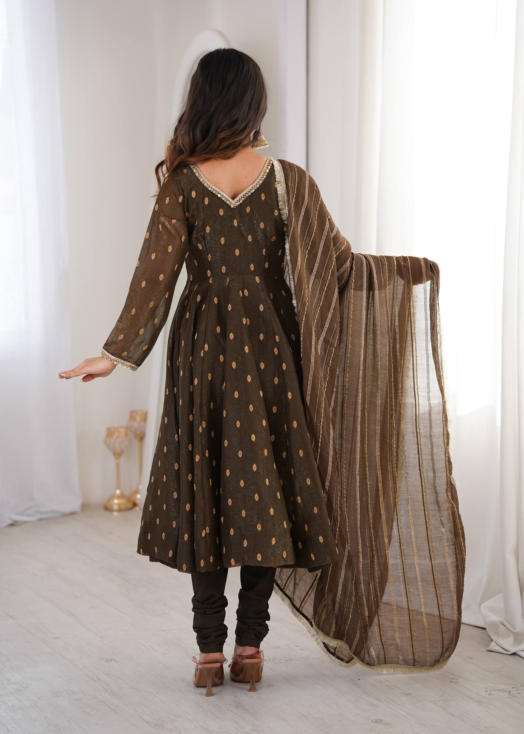 Brown Crunchy Silk Anarkali Suit Set with Jacquard Dupatta | Festive Wear