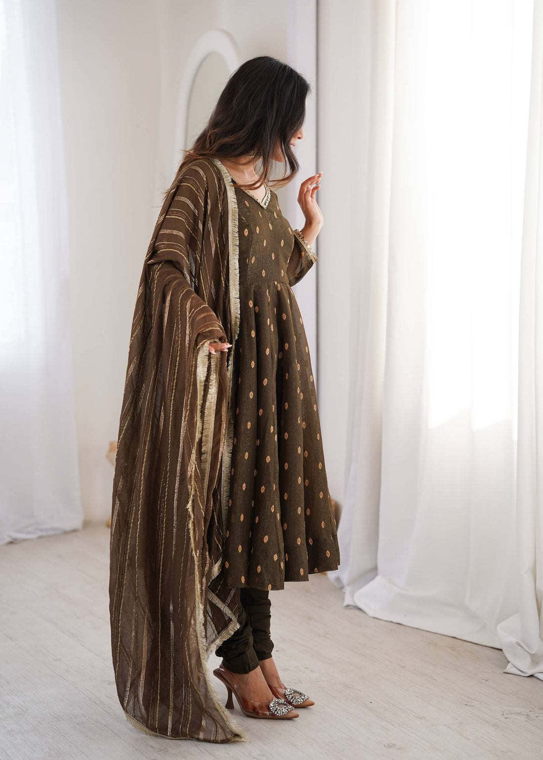 Brown Crunchy Silk Anarkali Suit Set with Jacquard Dupatta | Festive Wear