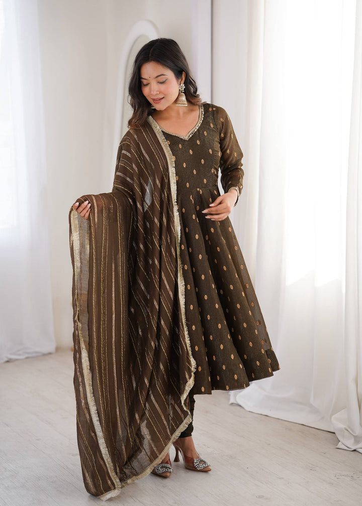 Brown Crunchy Silk Anarkali Suit Set with Jacquard Dupatta | Festive Wear