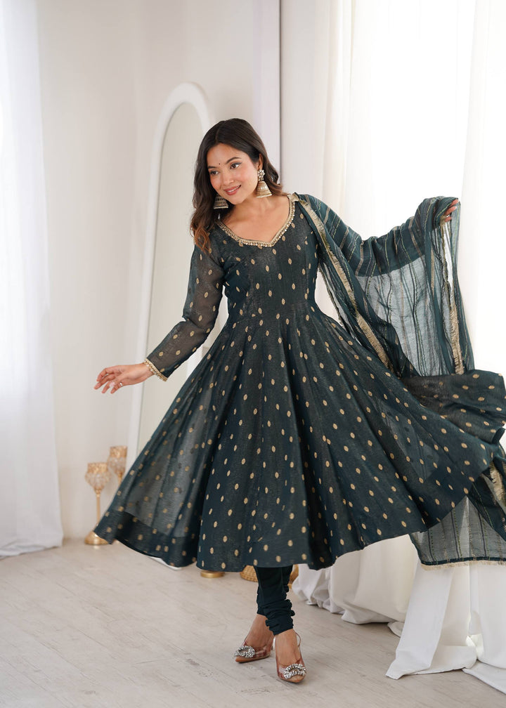 Teal Blue Crunchy Silk Anarkali Suit Set with Jacquard Dupatta | Festive Wear