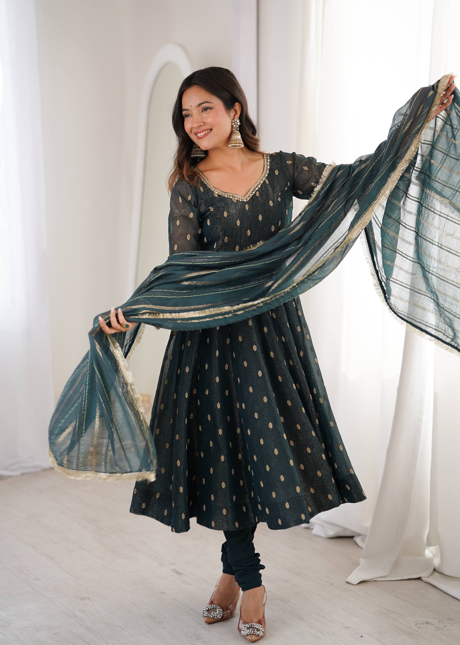 Teal Blue Crunchy Silk Anarkali Suit Set with Jacquard Dupatta | Festive Wear