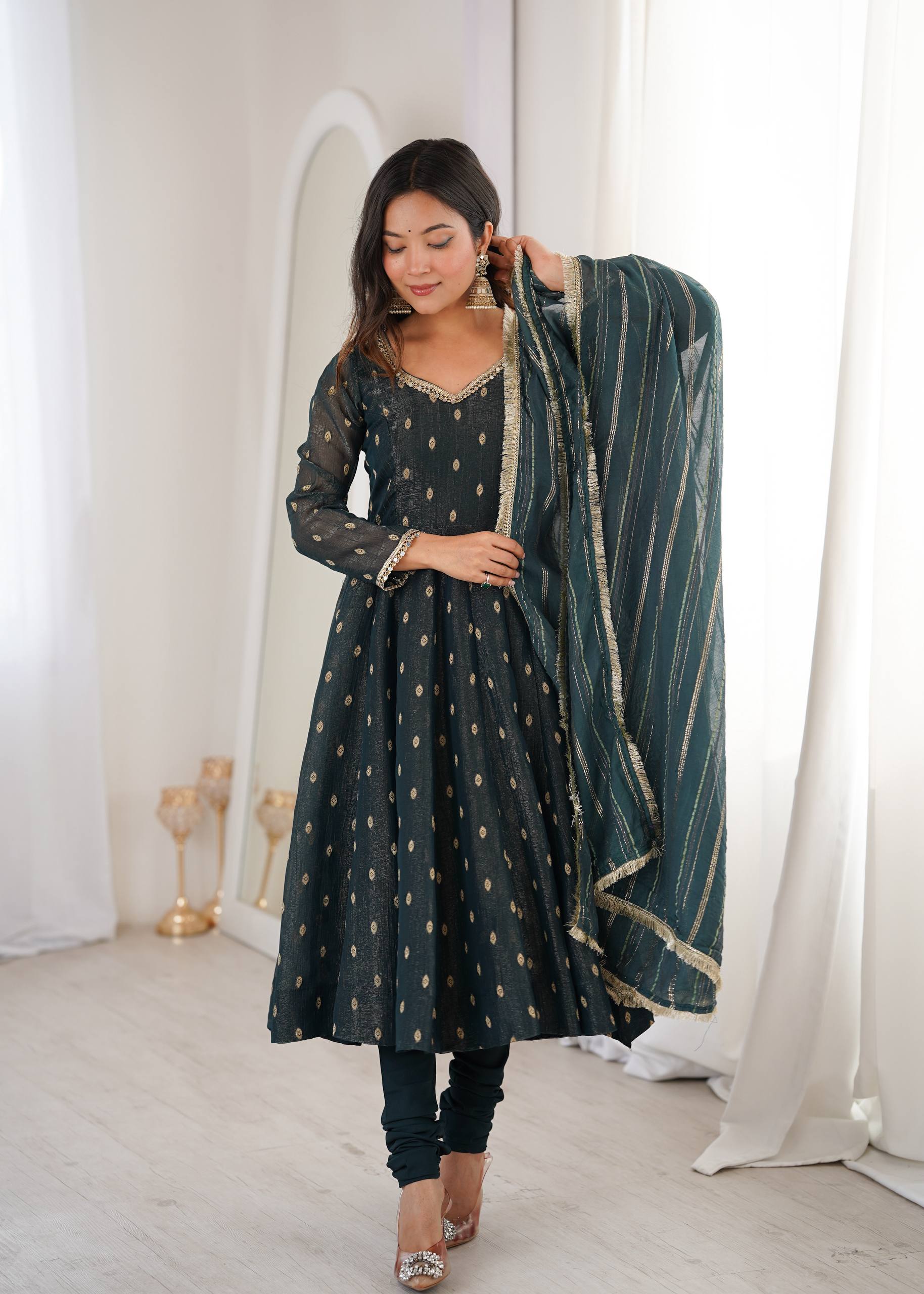 Teal Blue Crunchy Silk Anarkali Suit Set with Jacquard Dupatta | Festive Wear