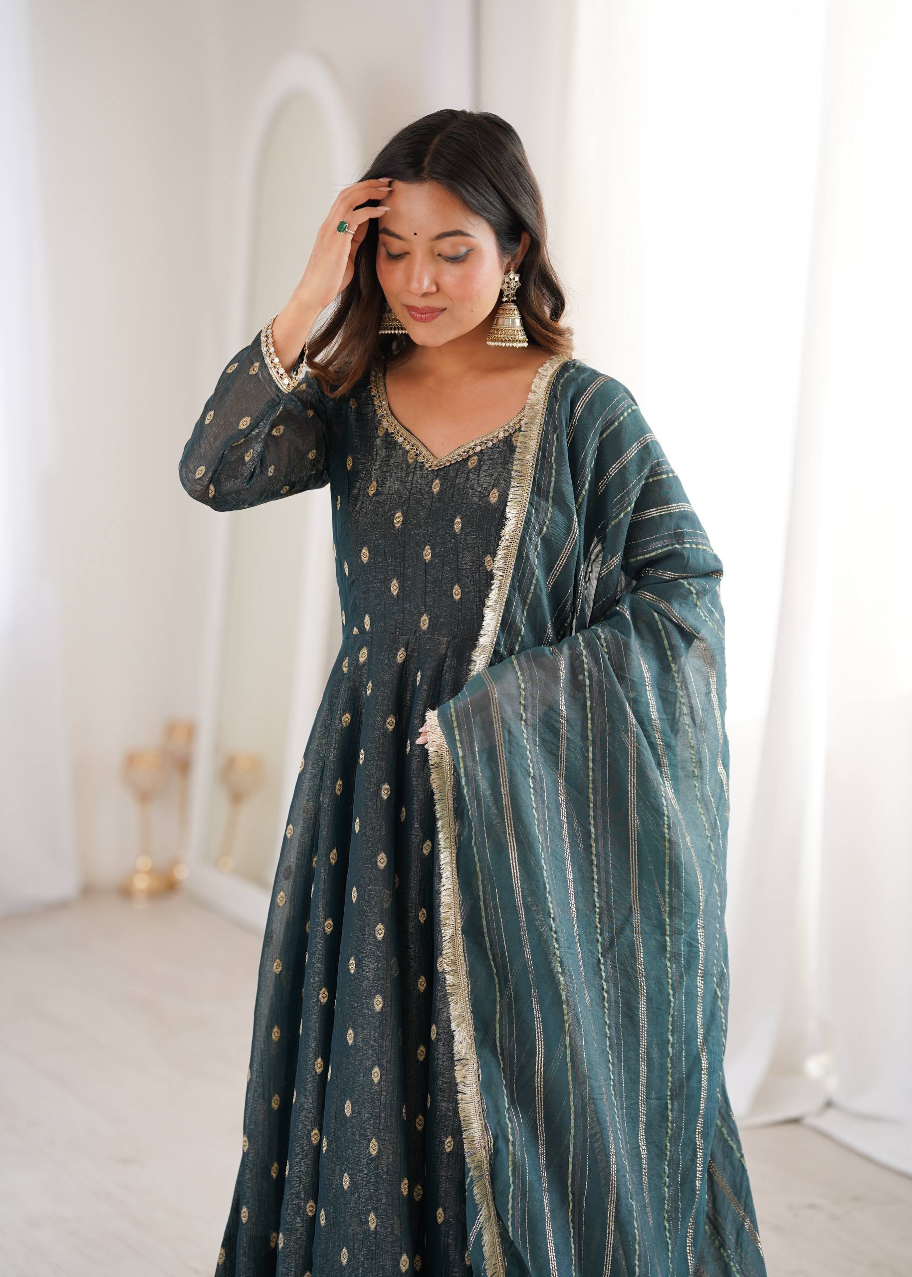 Teal Blue Crunchy Silk Anarkali Suit Set with Jacquard Dupatta | Festive Wear