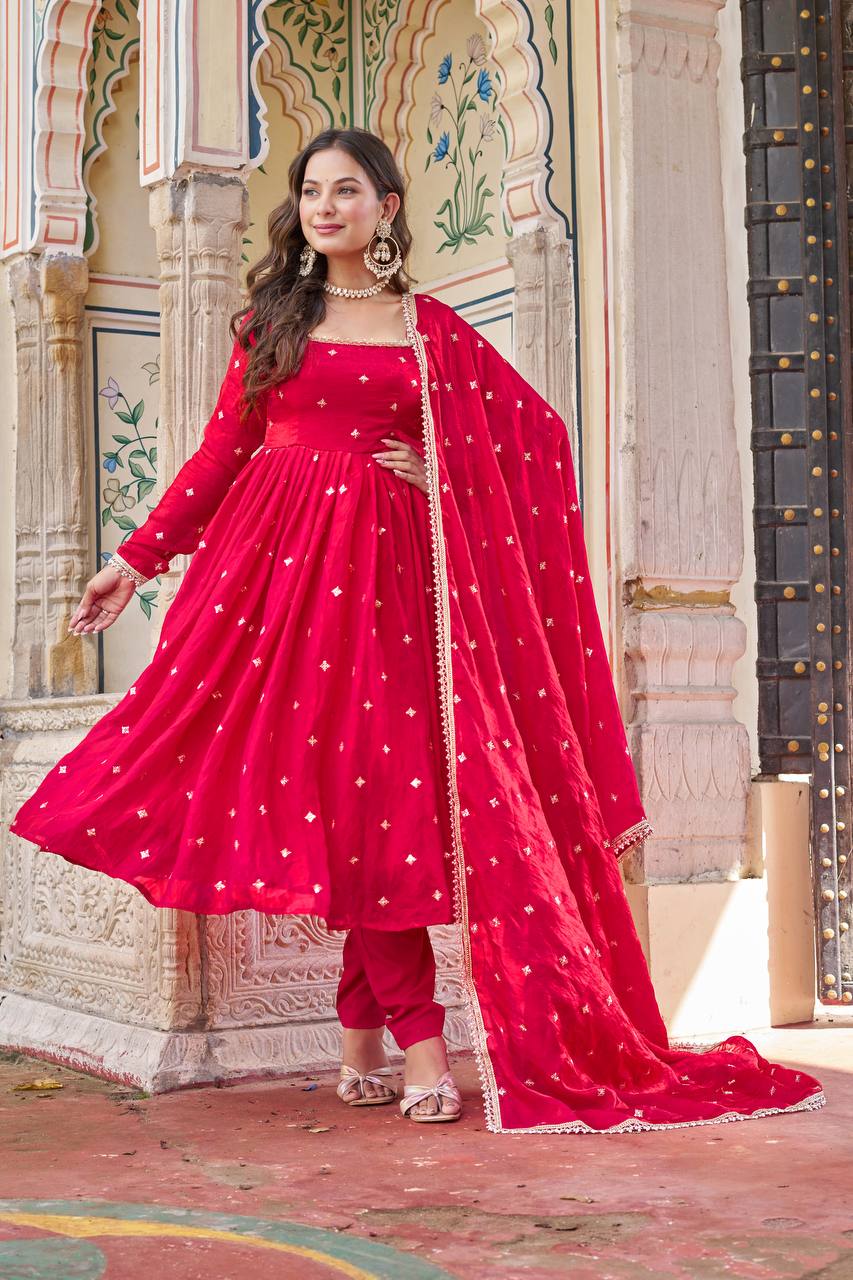 Ruby Red Embroidered Fendi Silk Suit Set with Dupatta | Festive Wear
