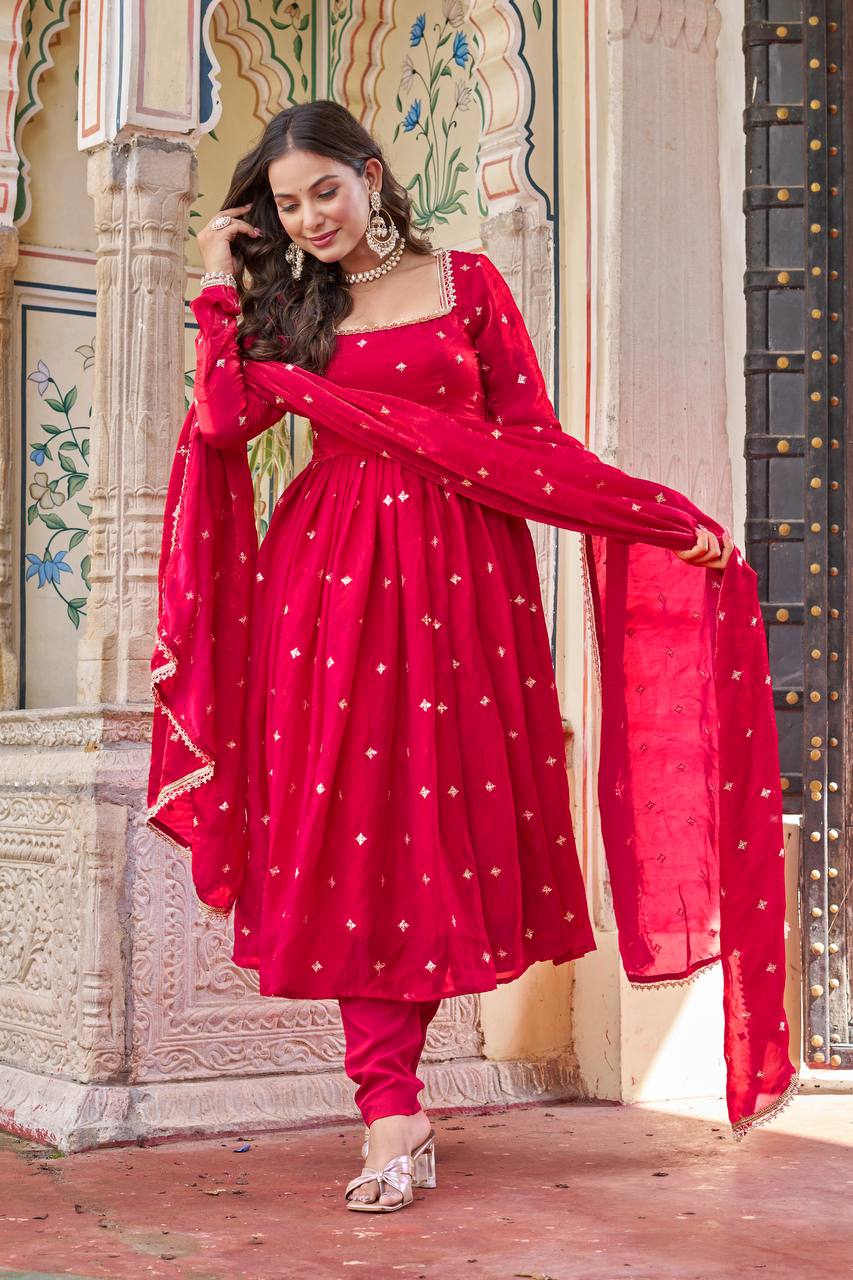 Ruby Red Embroidered Fendi Silk Suit Set with Dupatta | Festive Wear