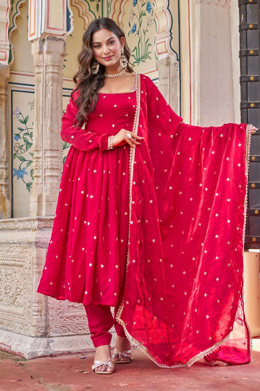 Ruby Red Embroidered Fendi Silk Suit Set with Dupatta | Festive Wear