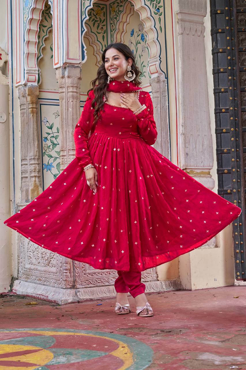 Ruby Red Embroidered Fendi Silk Suit Set with Dupatta | Festive Wear