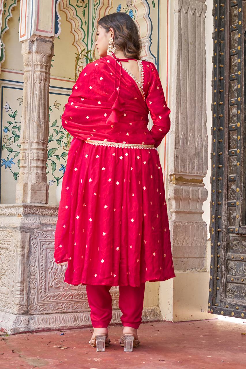 Ruby Red Embroidered Fendi Silk Suit Set with Dupatta | Festive Wear