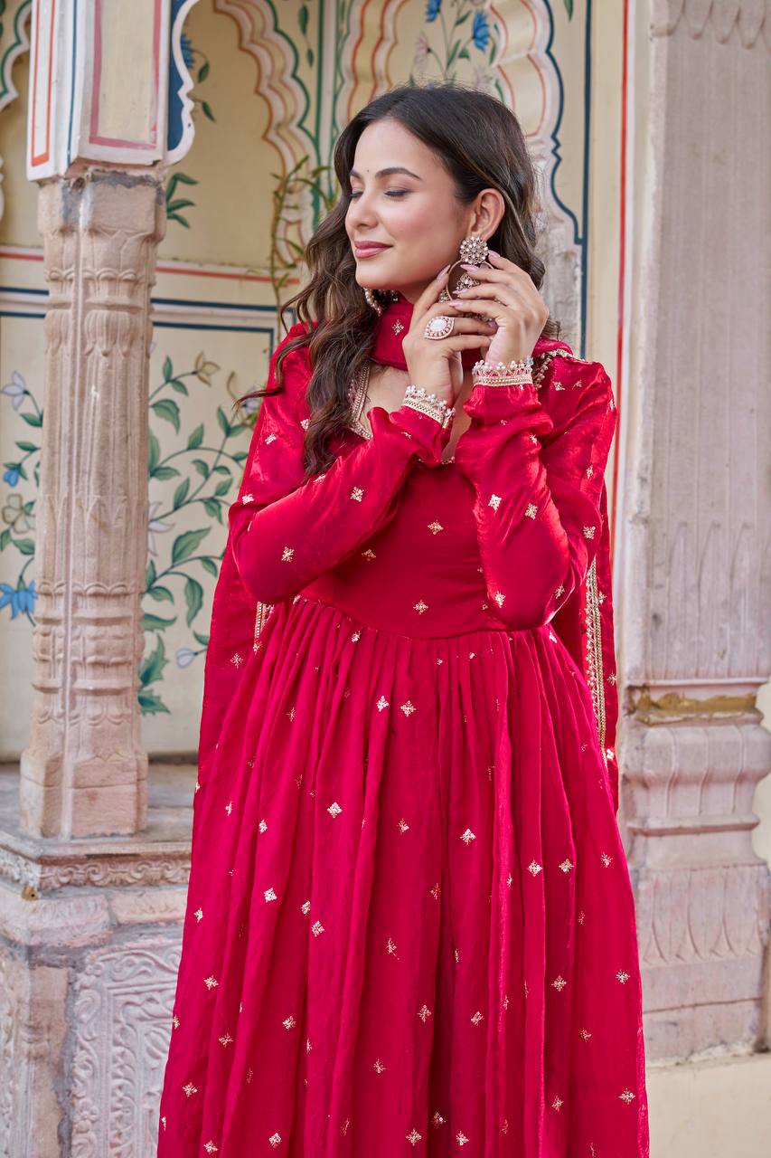 Ruby Red Embroidered Fendi Silk Suit Set with Dupatta | Festive Wear