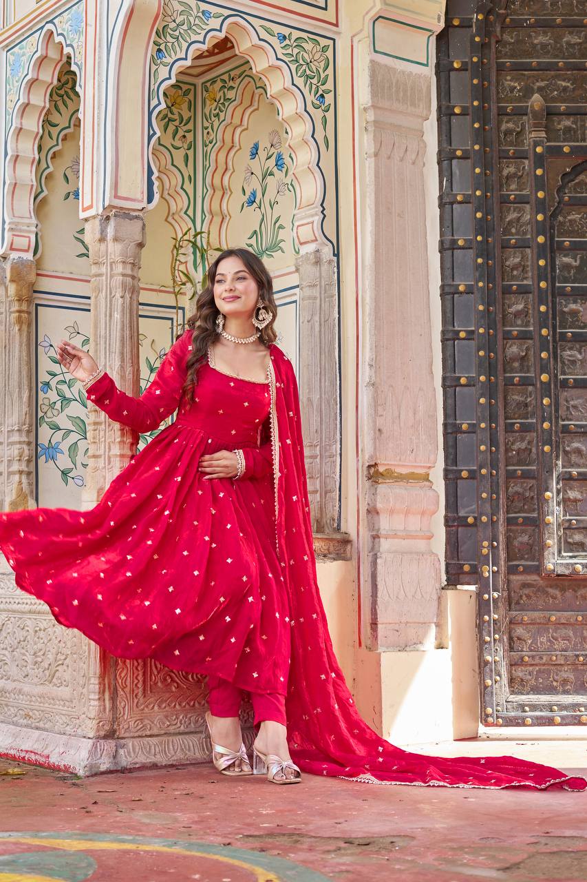 Ruby Red Embroidered Fendi Silk Suit Set with Dupatta | Festive Wear