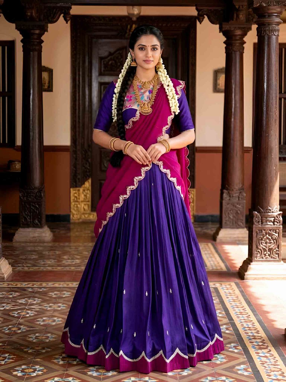 Royal Purple Embroidered Lehenga Choli with Pink Vichitra Silk Dupatta