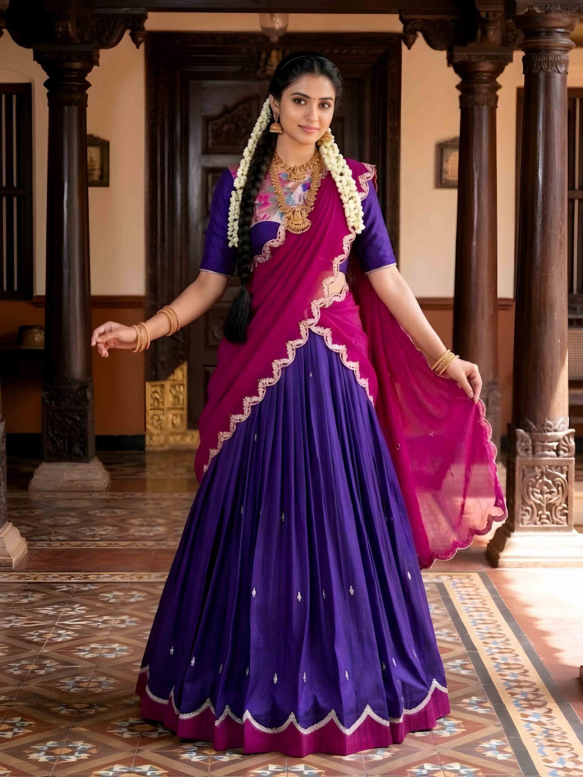 Royal Purple Embroidered Lehenga Choli with Pink Vichitra Silk Dupatta