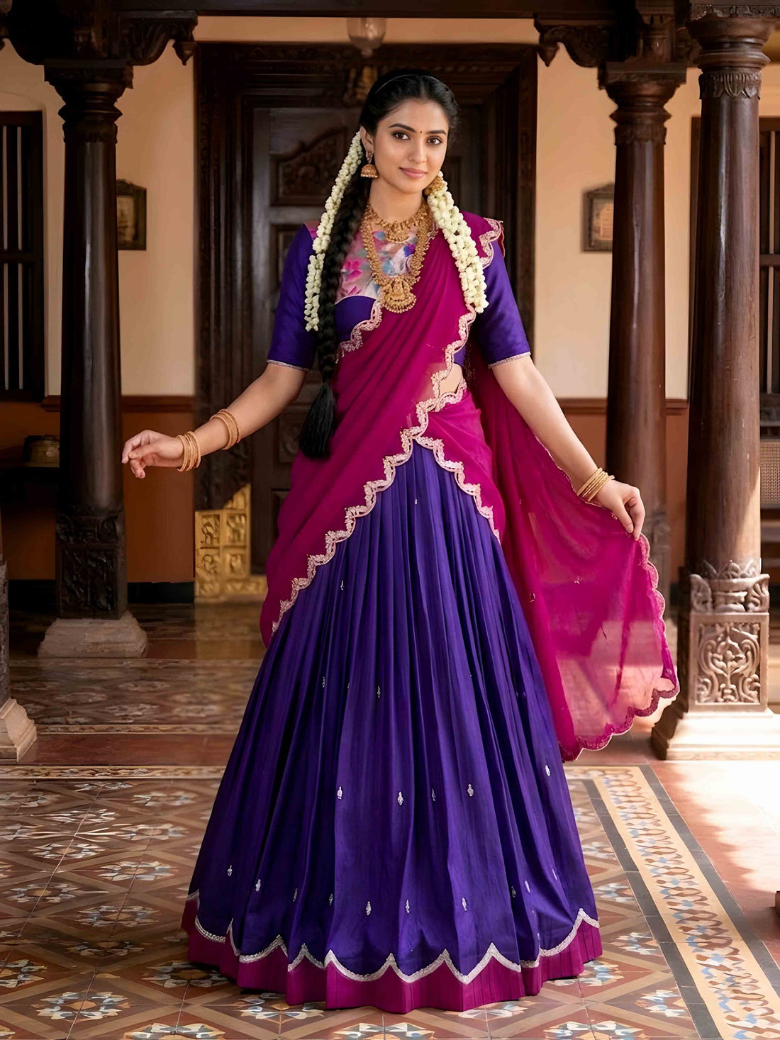 Royal Purple Embroidered Lehenga Choli with Pink Vichitra Silk Dupatta