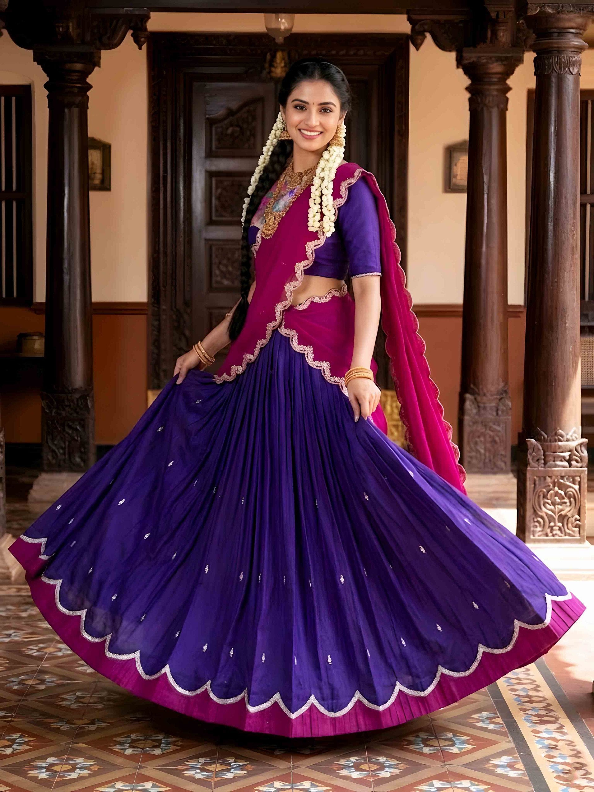 Royal Purple Embroidered Lehenga Choli with Pink Vichitra Silk Dupatta