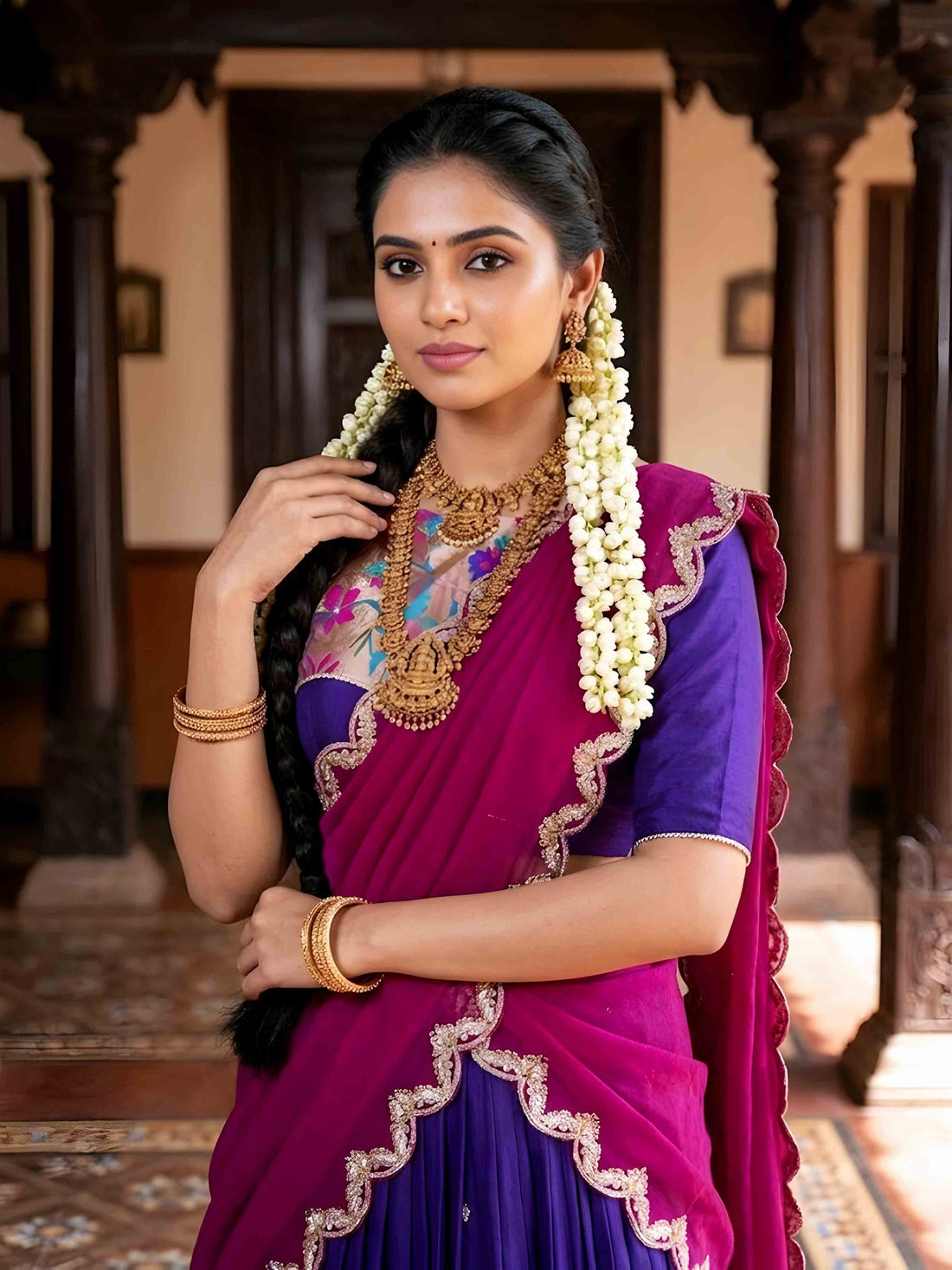 Royal Purple Embroidered Lehenga Choli with Pink Vichitra Silk Dupatta