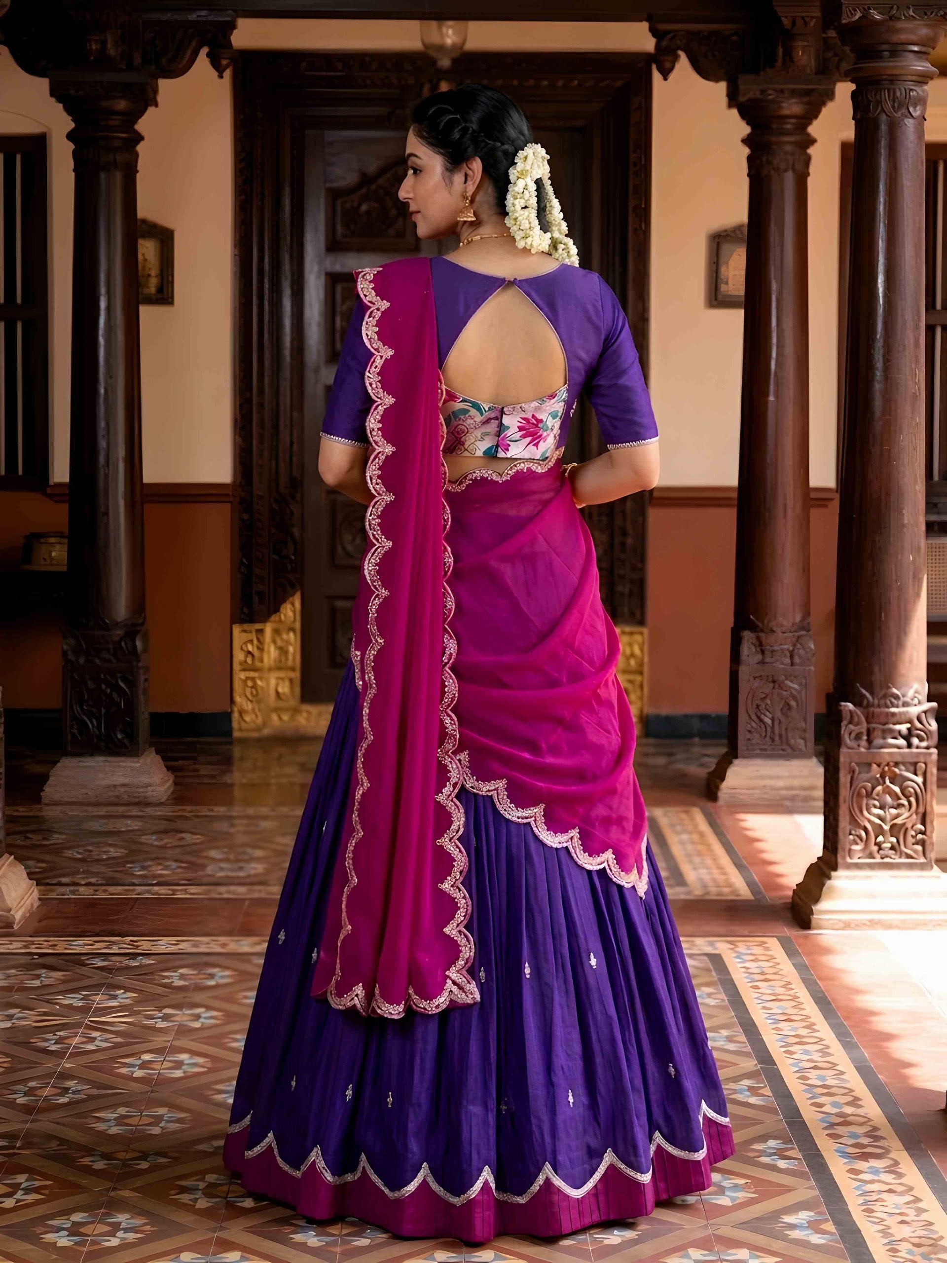Royal Purple Embroidered Lehenga Choli with Pink Vichitra Silk Dupatta