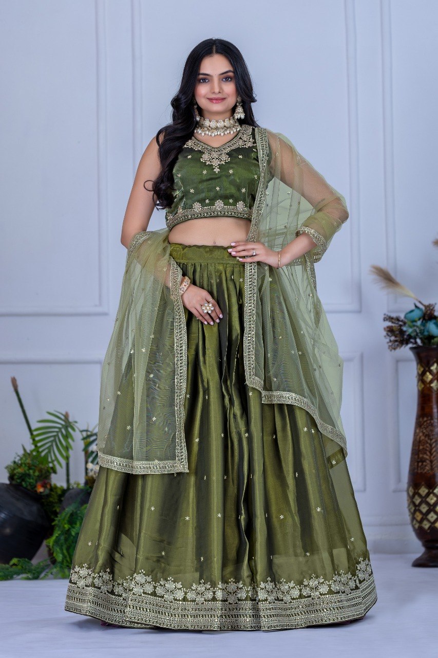 Olive Green Jimmy Choo Embroidered Lehenga Choli with Net Dupatta