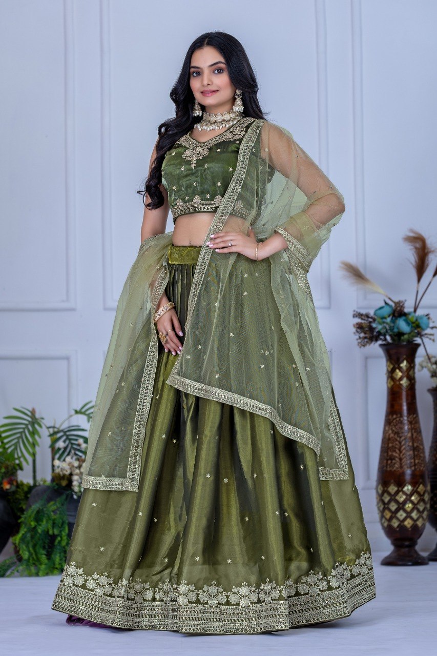 Olive Green Jimmy Choo Embroidered Lehenga Choli with Net Dupatta