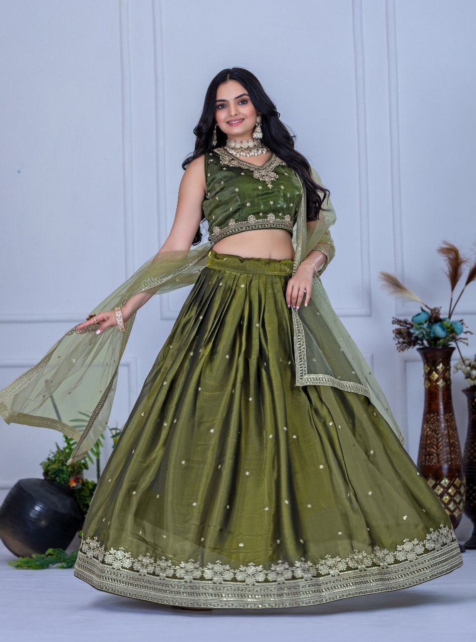 Olive Green Jimmy Choo Embroidered Lehenga Choli with Net Dupatta