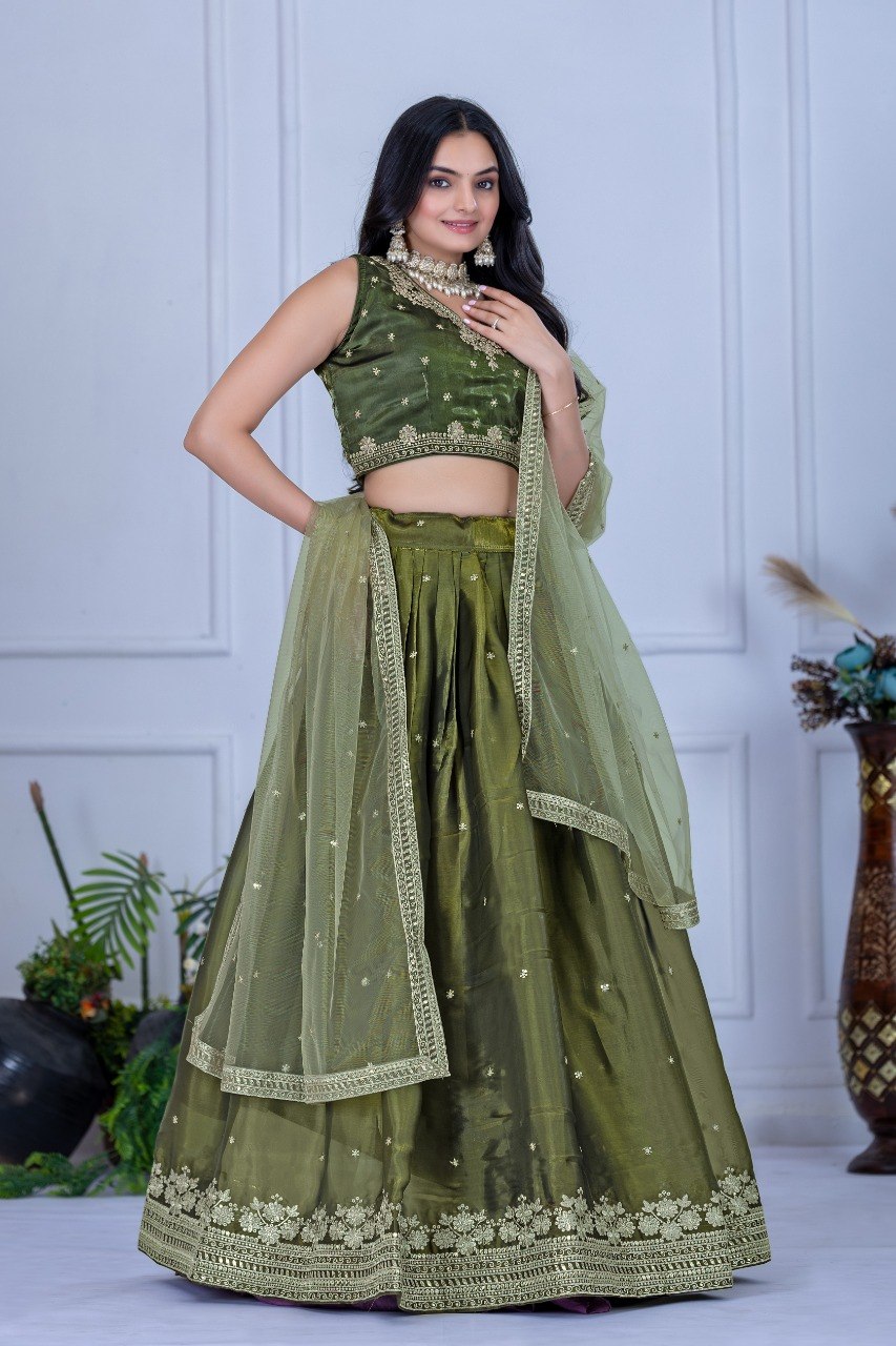 Olive Green Jimmy Choo Embroidered Lehenga Choli with Net Dupatta