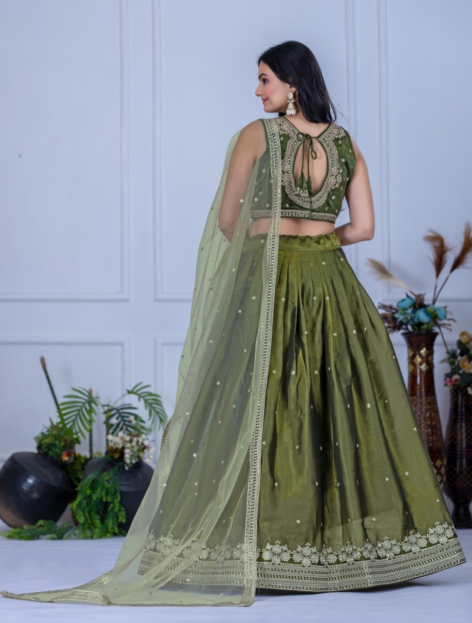 Olive Green Jimmy Choo Embroidered Lehenga Choli with Net Dupatta