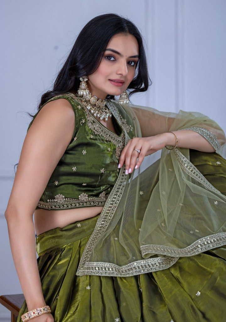 Olive Green Jimmy Choo Embroidered Lehenga Choli with Net Dupatta