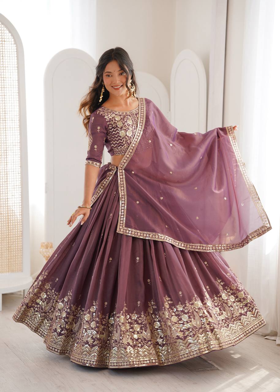 Dusty Mauve Embroidered Simmer Silk Lehenga Choli with Dupatta