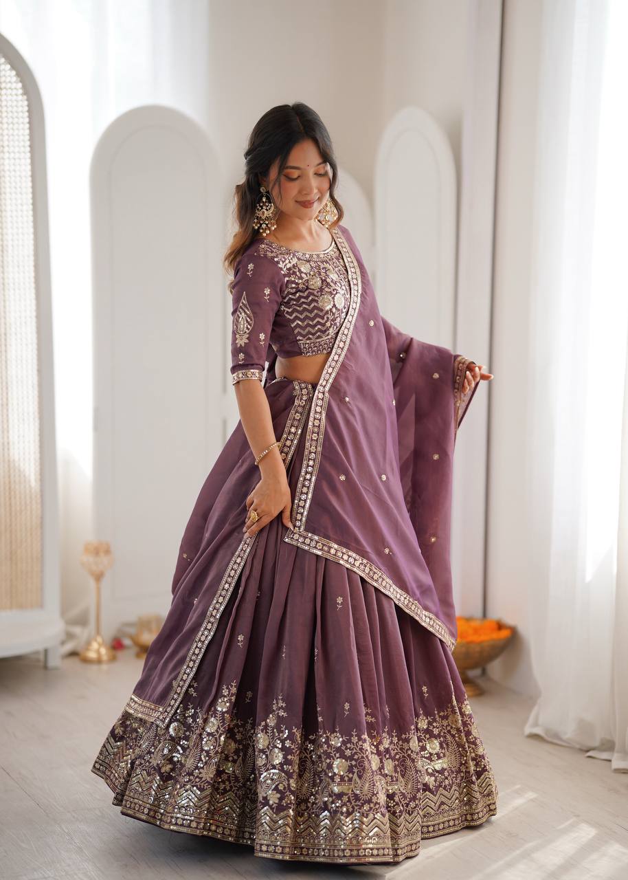 Dusty Mauve Embroidered Simmer Silk Lehenga Choli with Dupatta
