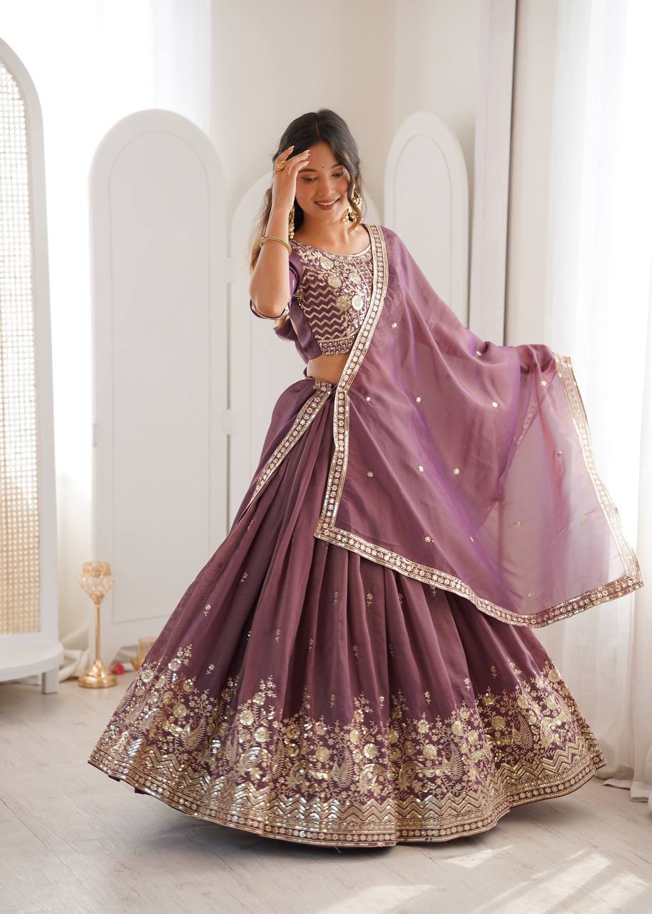 Dusty Mauve Embroidered Simmer Silk Lehenga Choli with Dupatta