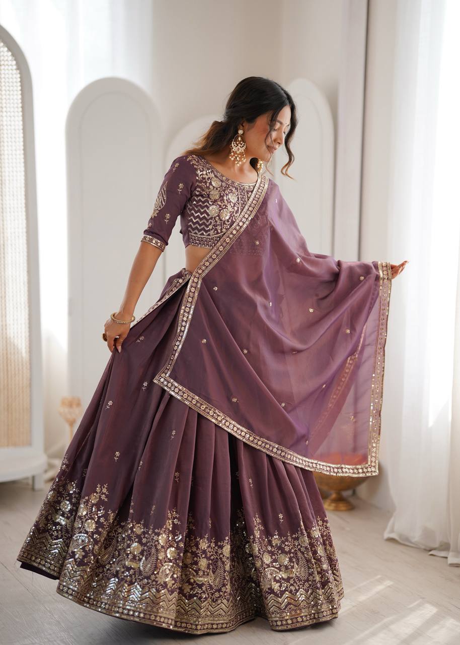 Dusty Mauve Embroidered Simmer Silk Lehenga Choli with Dupatta