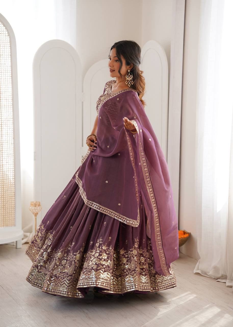 Dusty Mauve Embroidered Simmer Silk Lehenga Choli with Dupatta