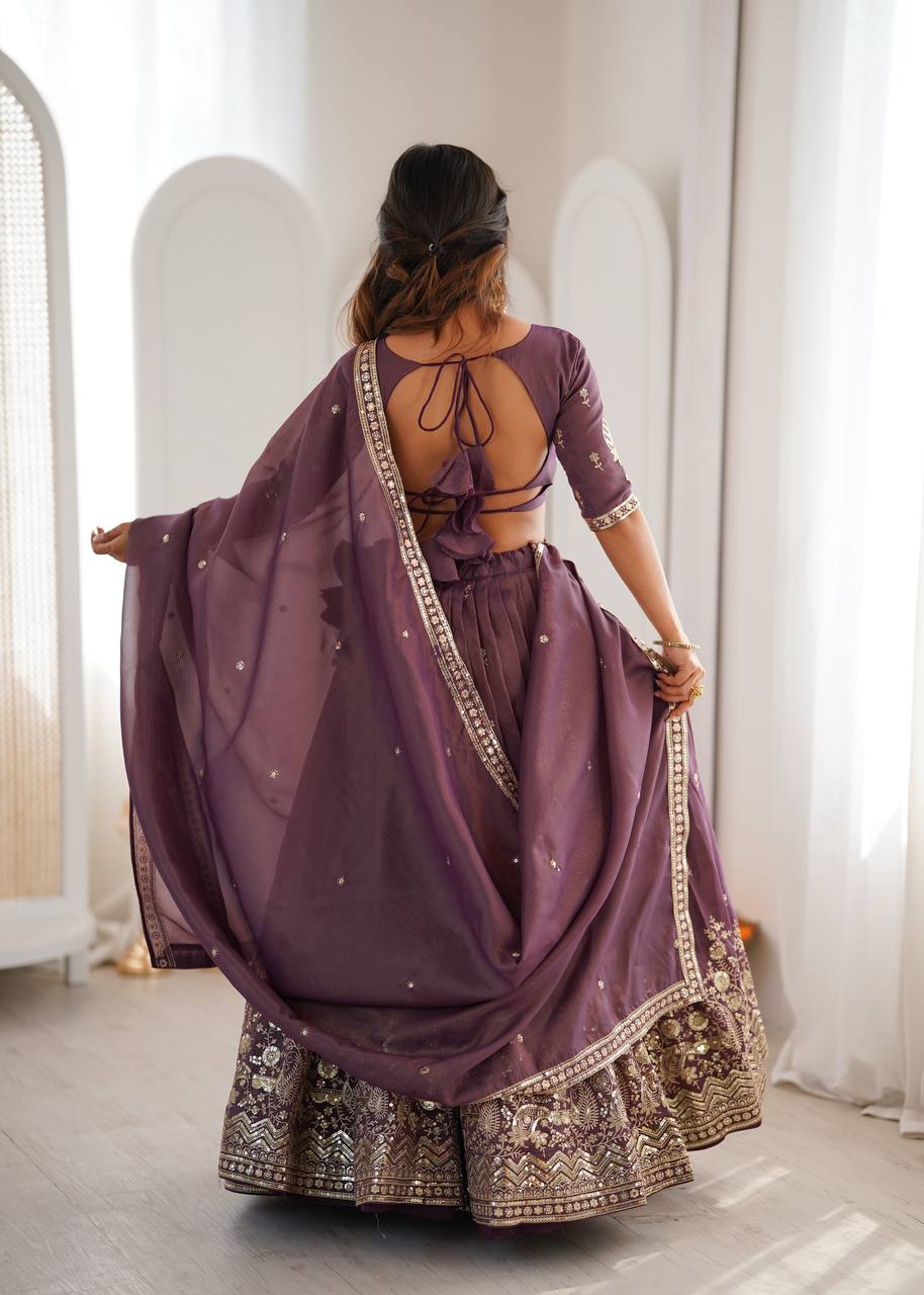 Dusty Mauve Embroidered Simmer Silk Lehenga Choli with Dupatta