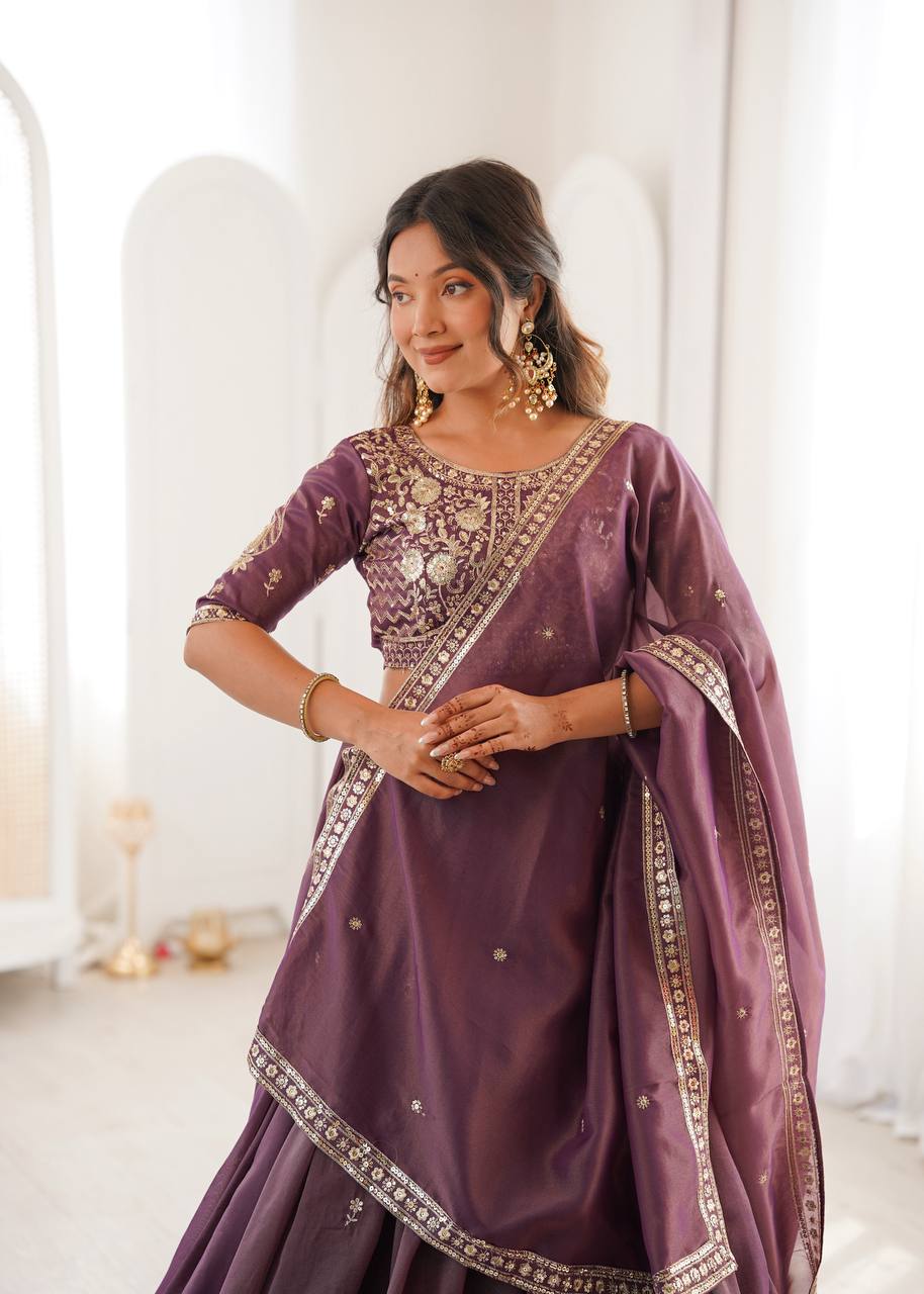 Dusty Mauve Embroidered Simmer Silk Lehenga Choli with Dupatta