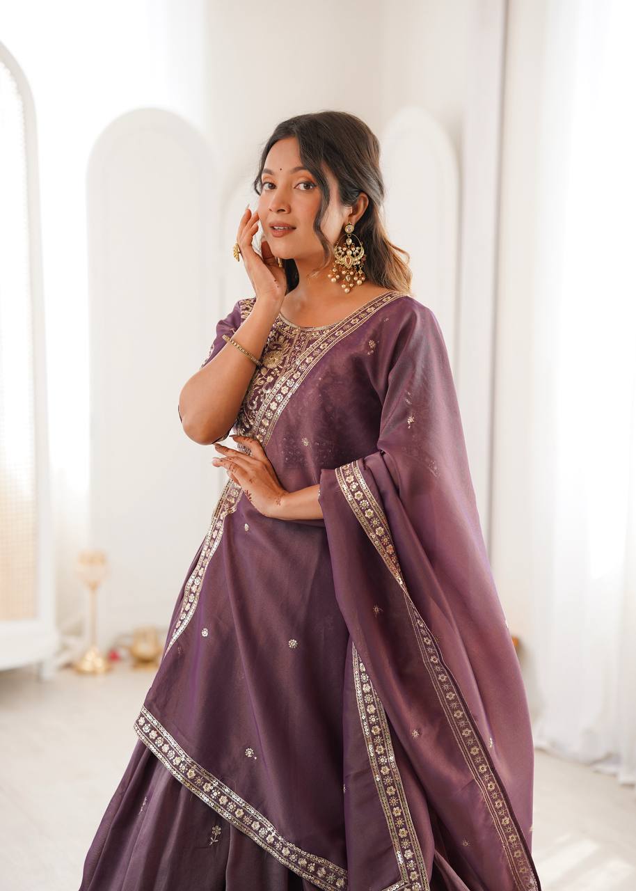 Dusty Mauve Embroidered Simmer Silk Lehenga Choli with Dupatta