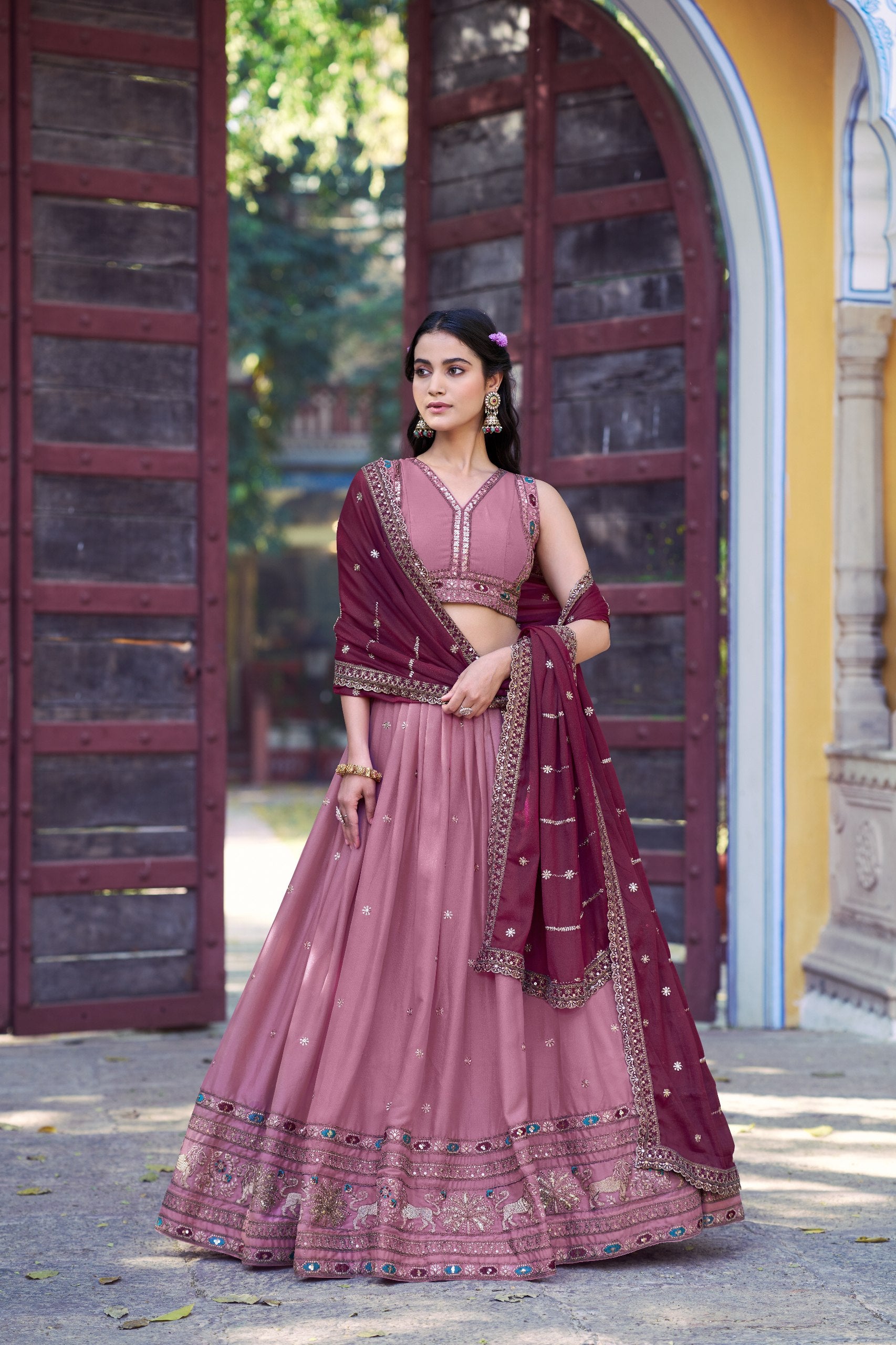 Dusty Rose Star Georgette Designer Lehenga Choli with Zari, Sequins & Resham Embroidery