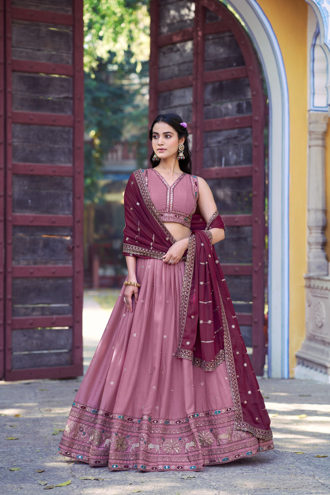 Dusty Rose Star Georgette Designer Lehenga Choli with Zari, Sequins & Resham Embroidery