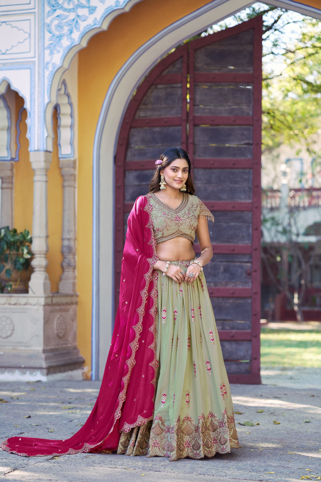 Sage Green Designer Star Georgette Lehenga Choli with Zari, Sequins & Resham Embroidery