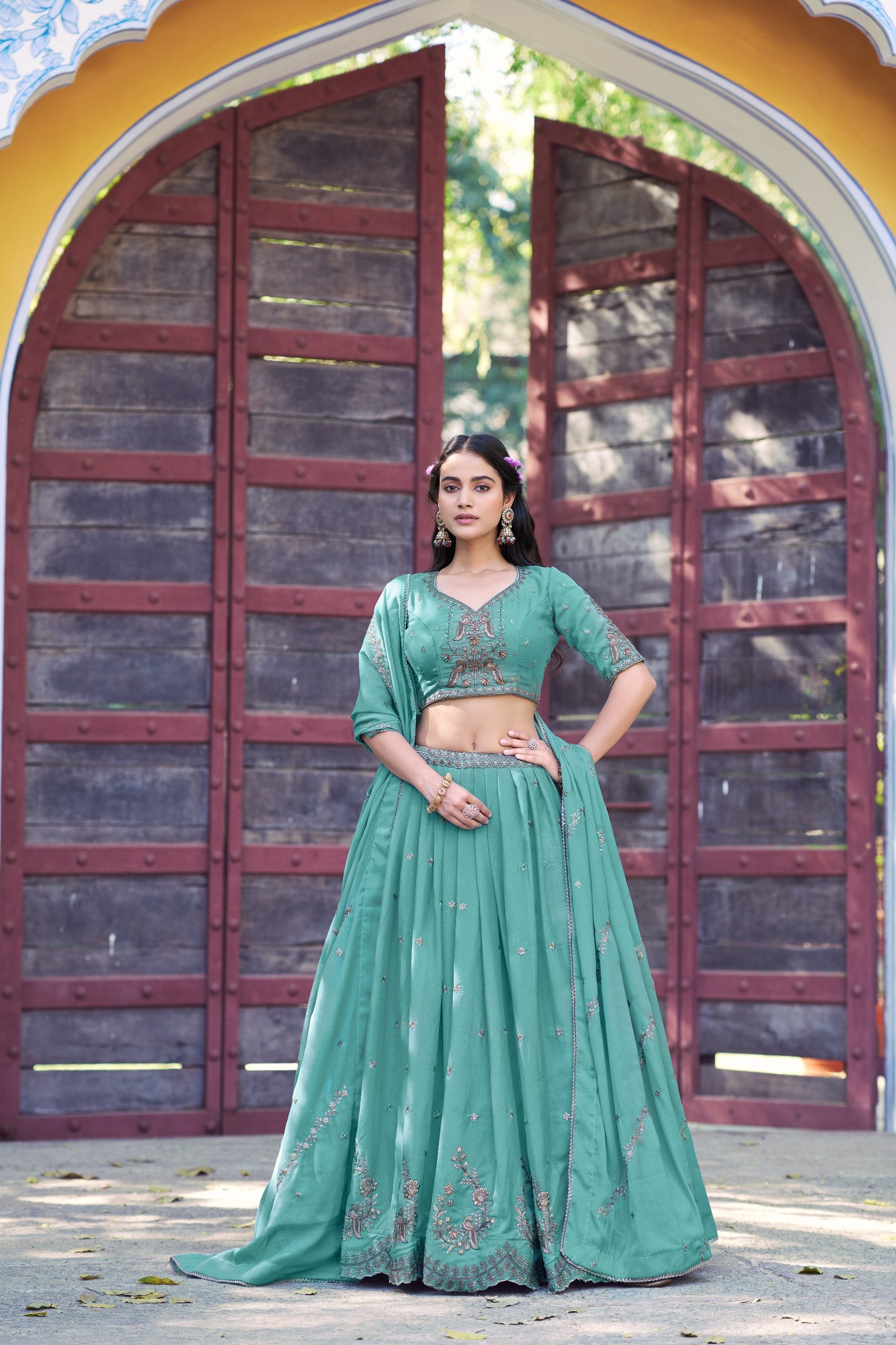 Sea Green Star Georgette Designer Lehenga Choli with Zari, Sequins & Resham Embroidery