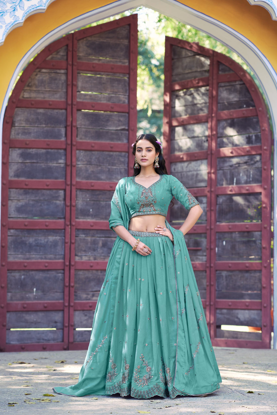 Sea Green Star Georgette Designer Lehenga Choli with Zari, Sequins & Resham Embroidery