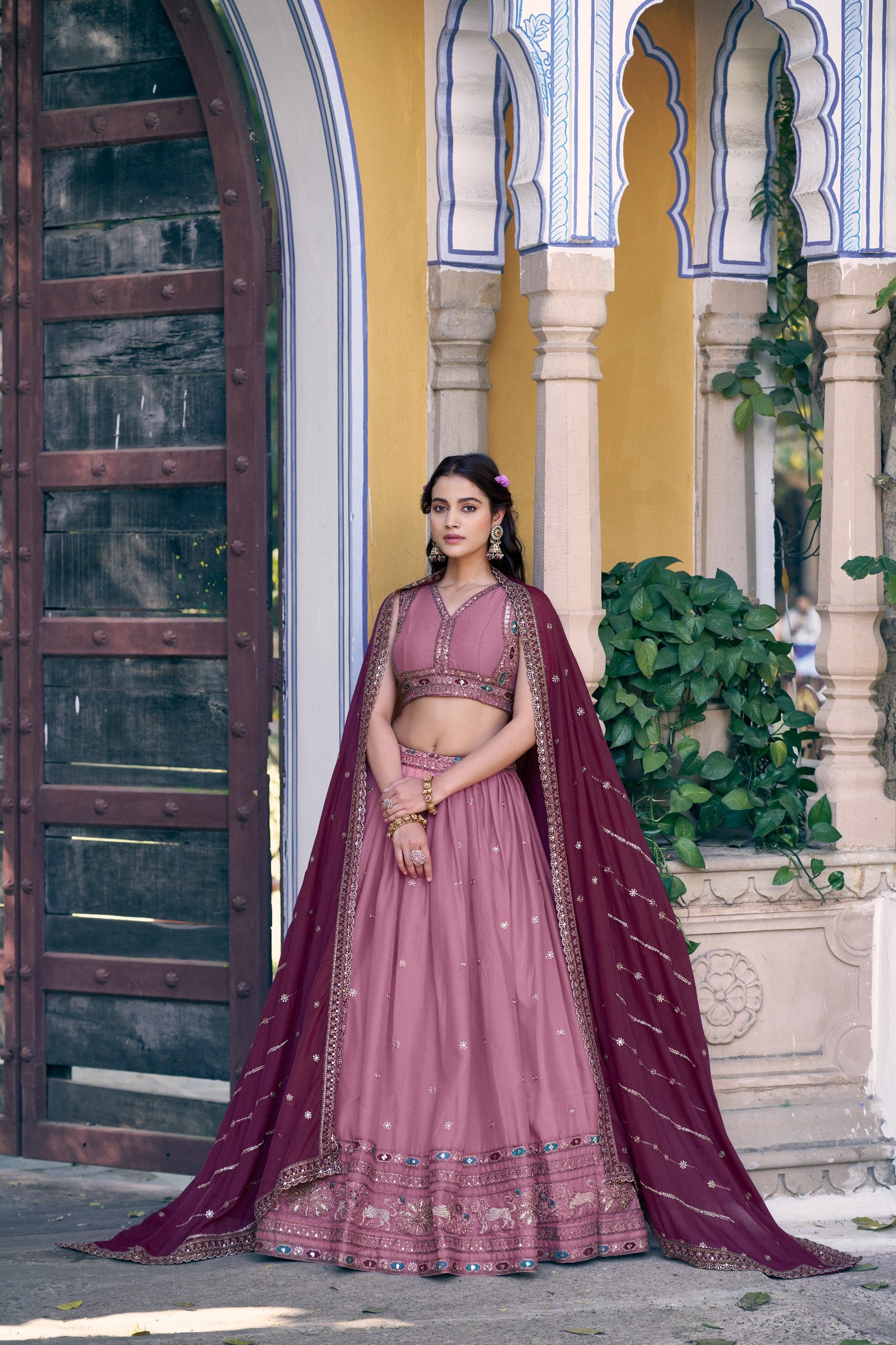 Dusty Rose Star Georgette Designer Lehenga Choli with Zari, Sequins & Resham Embroidery
