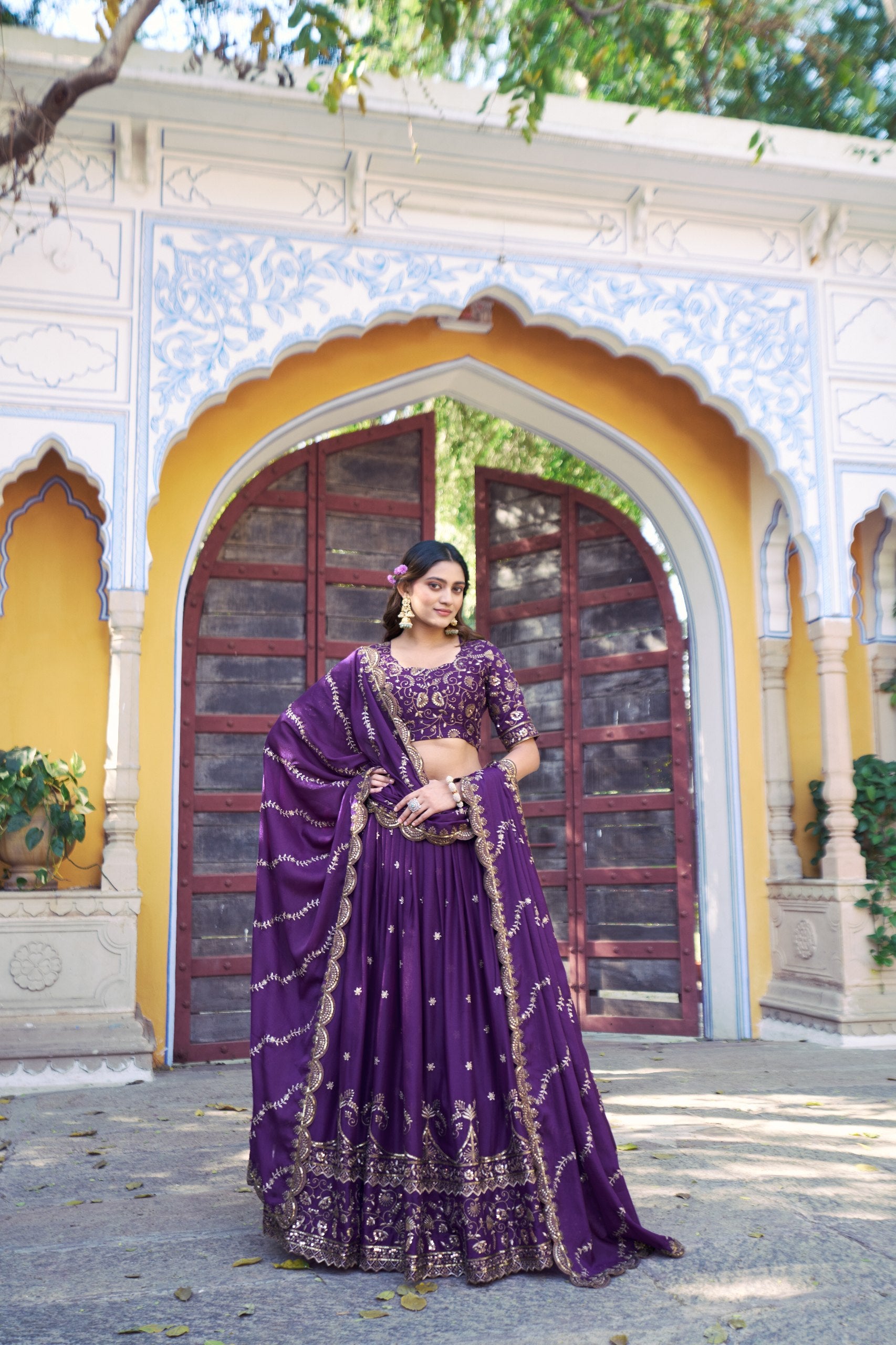 Royal Purple Star Georgette Designer Lehenga Choli with Zari, Sequins & Resham Embroidery
