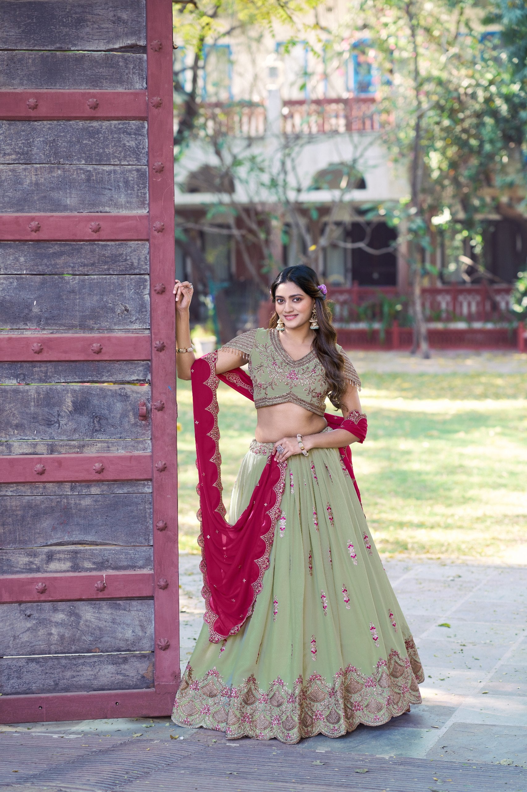 Sage Green Designer Star Georgette Lehenga Choli with Zari, Sequins & Resham Embroidery