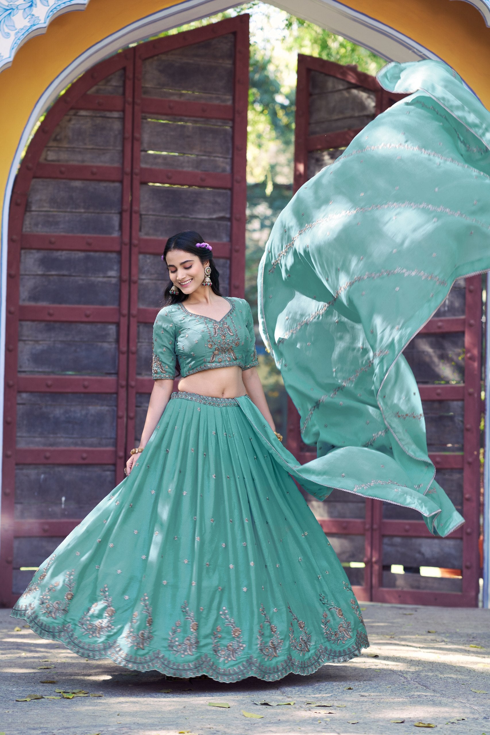 Sea Green Star Georgette Designer Lehenga Choli with Zari, Sequins & Resham Embroidery