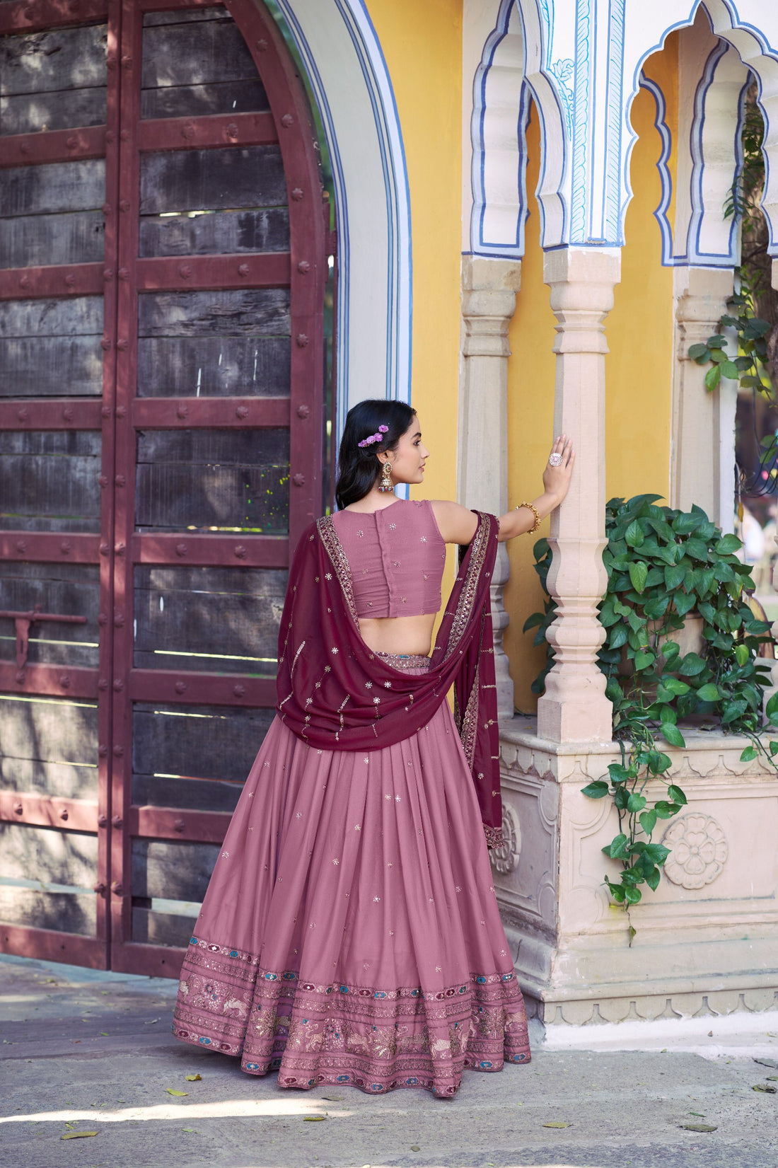 Dusty Rose Star Georgette Designer Lehenga Choli with Zari, Sequins & Resham Embroidery